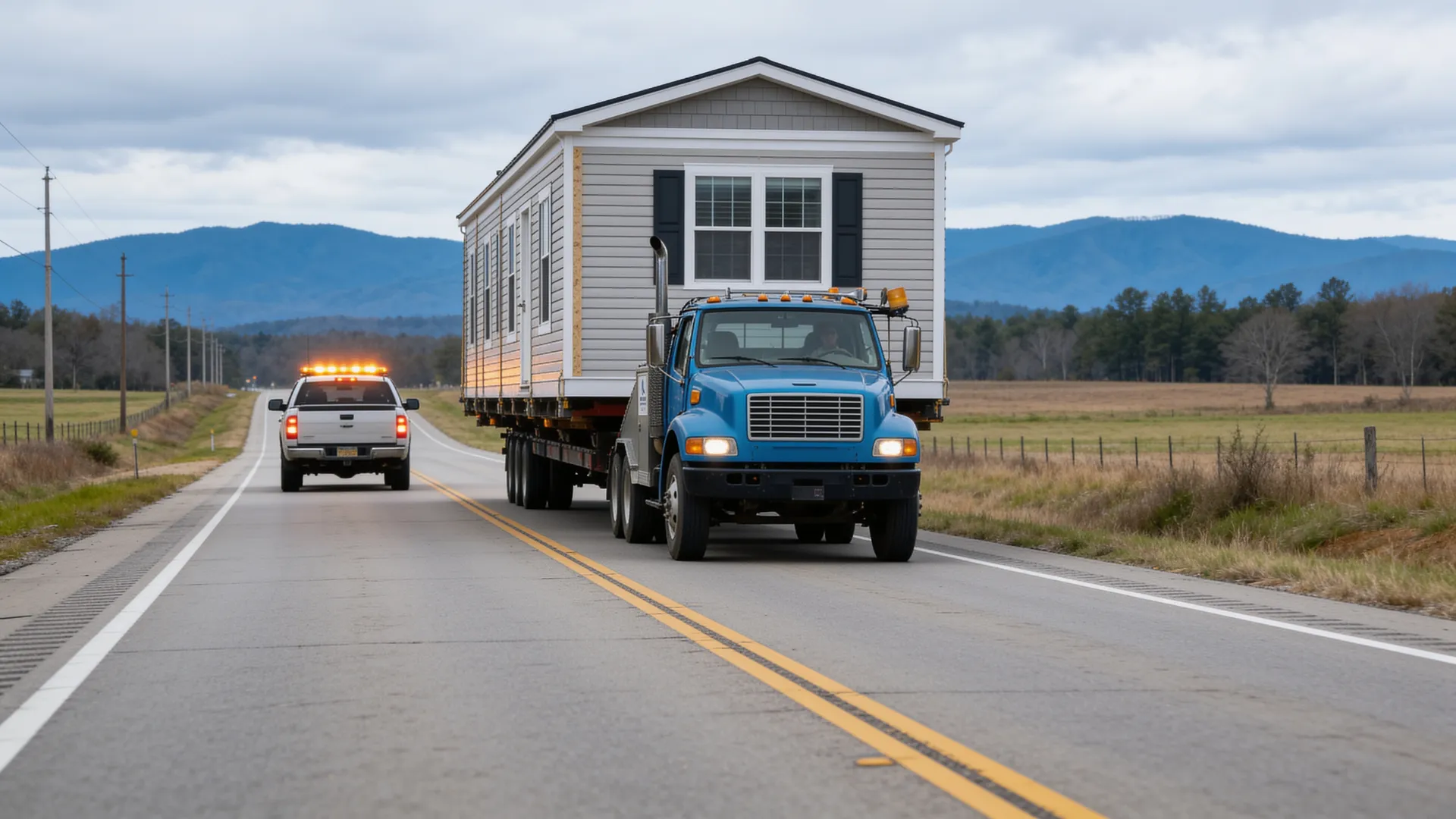 A pilot escort vehicle leading an oversize manufactured-home load down a highway