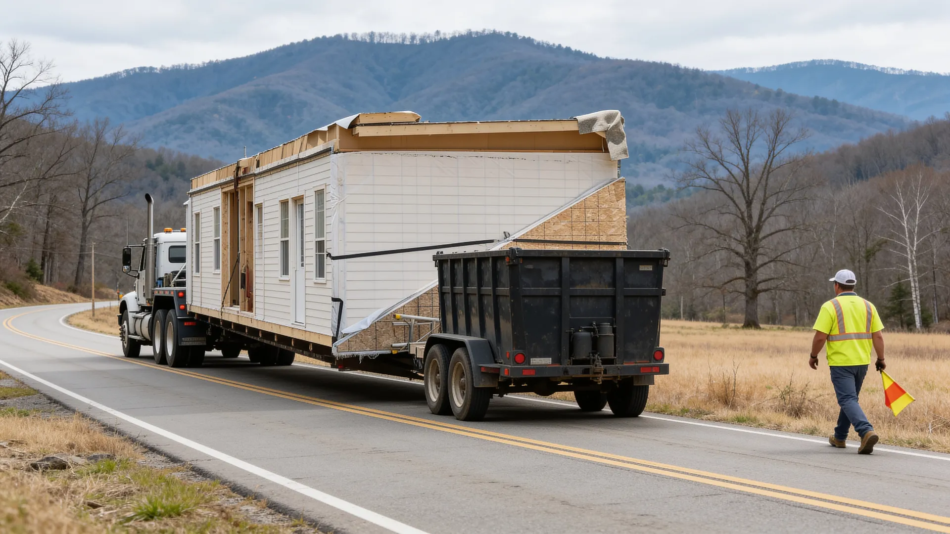 A manufactured home under tow on a rural highway for a long-distance move