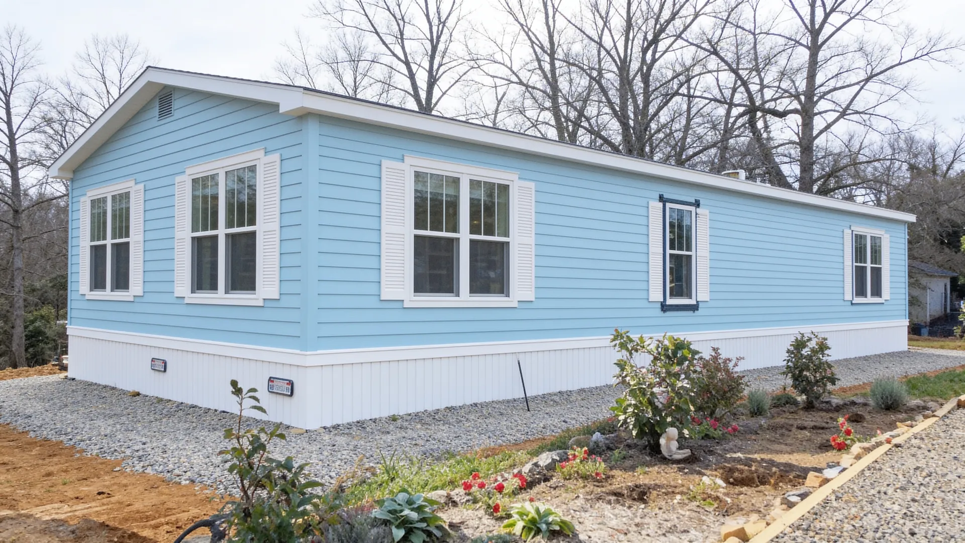 An older single-wide manufactured home on a rural lot