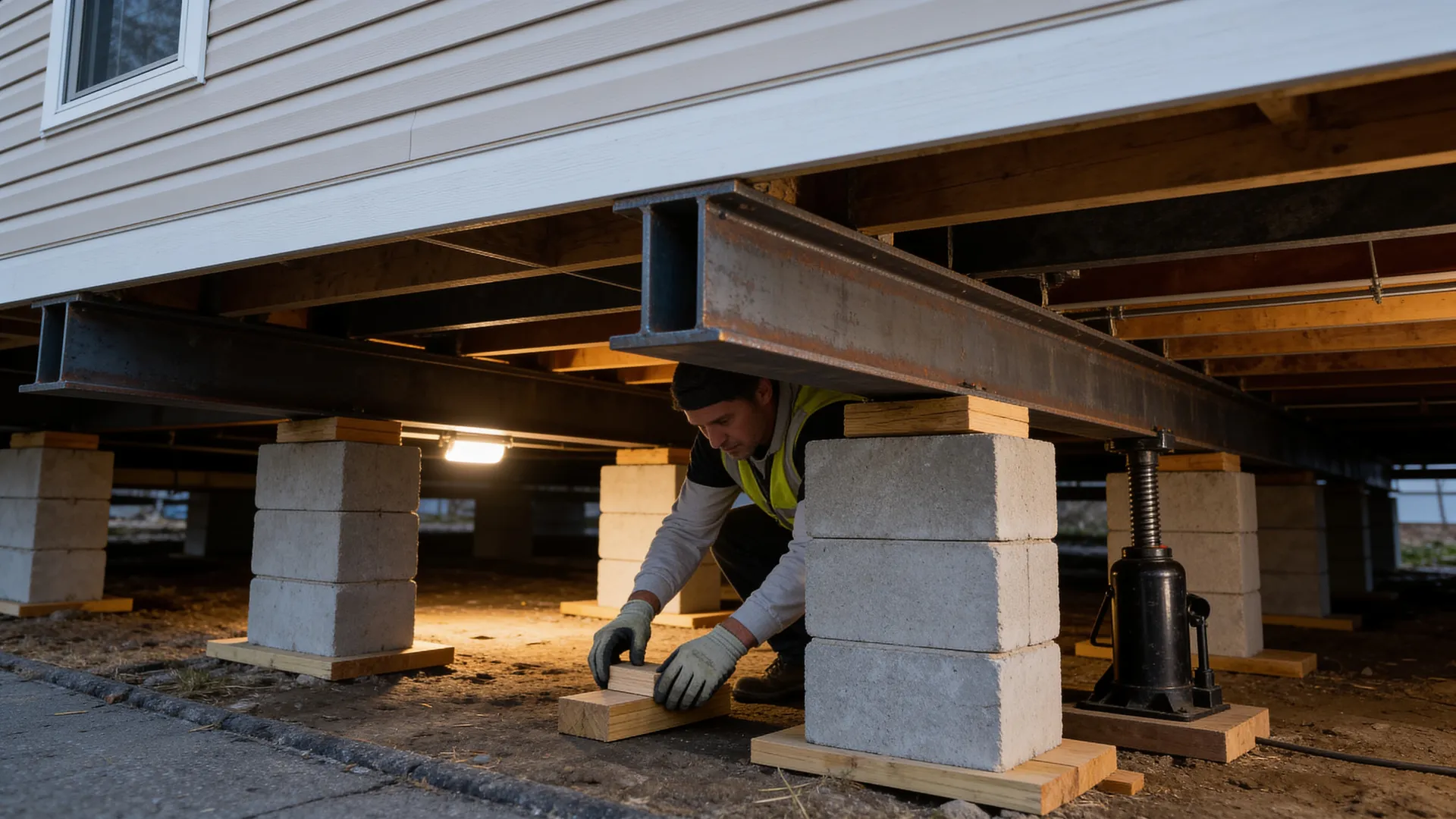 Re-leveling a manufactured home — steel I-beam chassis shimmed back to true on concrete-block piers